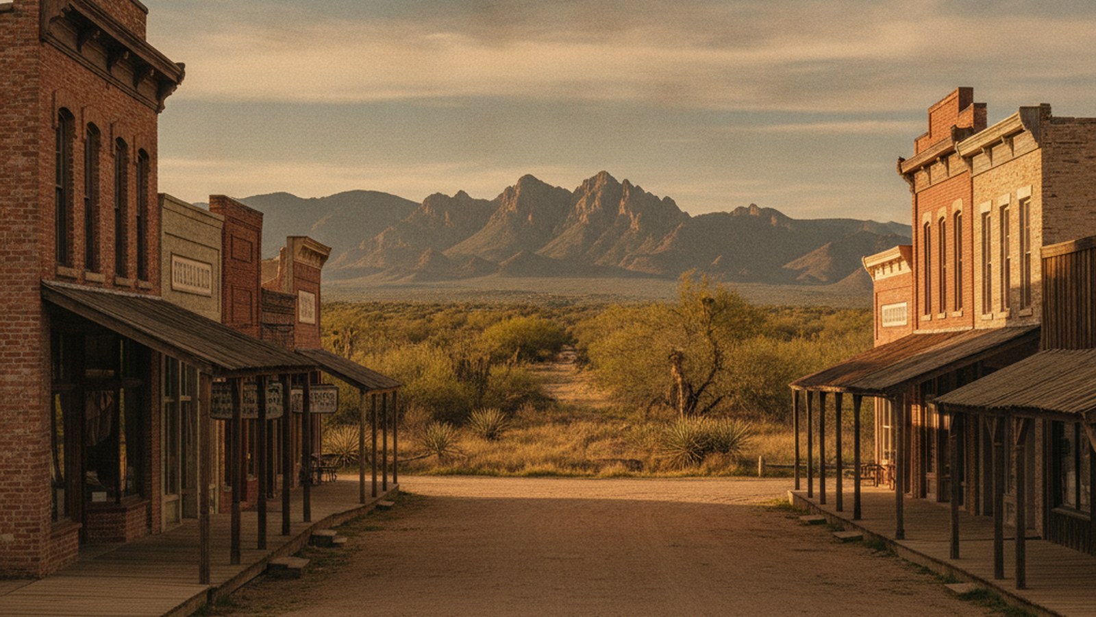 Historic Cochise County, Arizona scene at golden hour with the Dragoon Mountains
